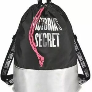 Victorias Secret PINK Drawstring Backpack Bag NWT Black & Silver